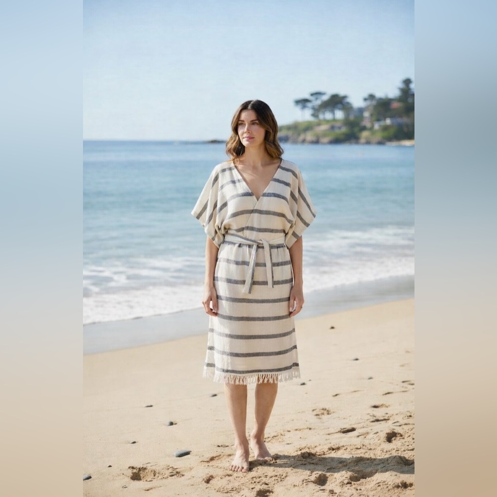 Turkish Gray and White Striped Beach Cover Up